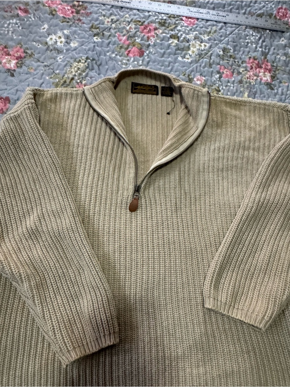 Eddie Bauer Beige 100% Cotton Ribbed Quarter Zip Sweater Size M